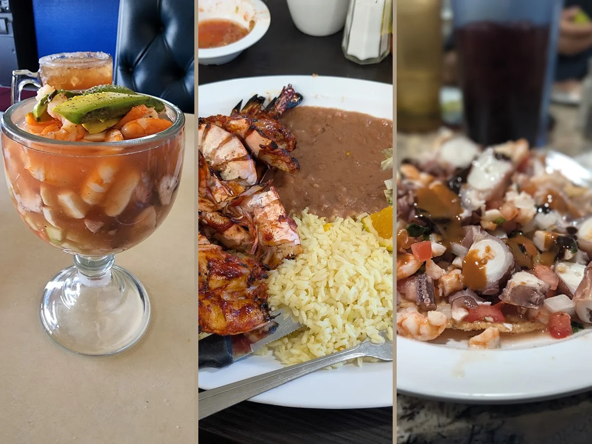 Seafood plates in a casual dining room.