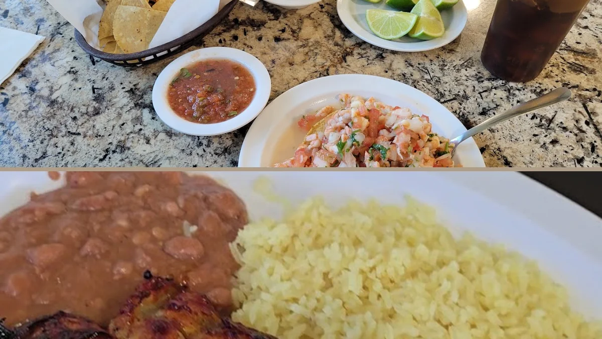 Seafood plates in a casual dining room.