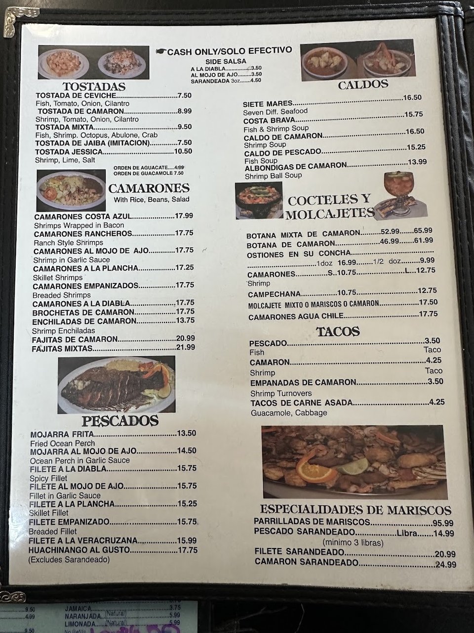 Menu layout with traditional plates and tortas.