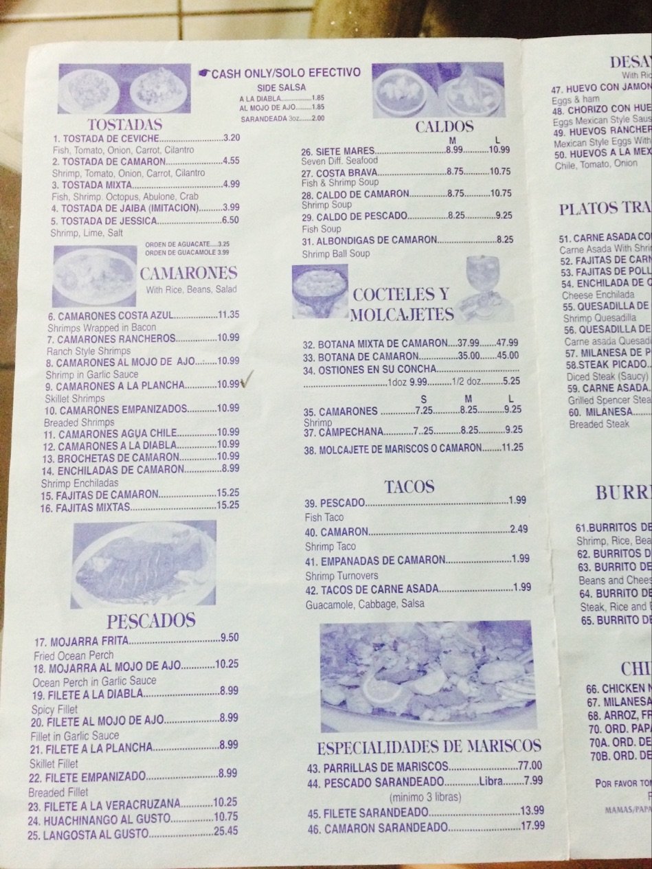 Printed menu with seafood and Mexican dishes.