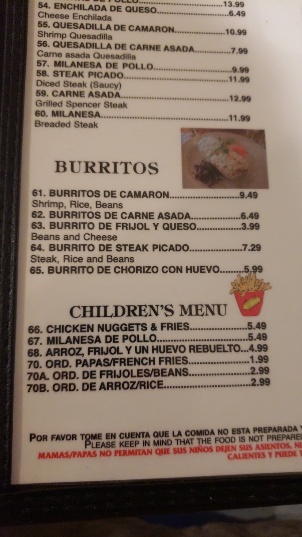 Menu page showing breakfast and burrito options.